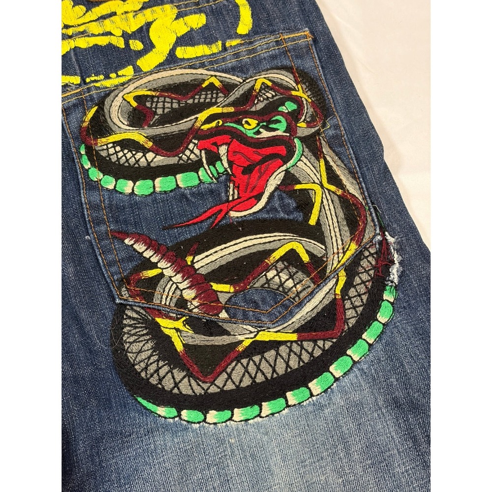 Ed Hardy Rare Y2K RattleSnake Embroidered Denim Shorts Jorts VTG